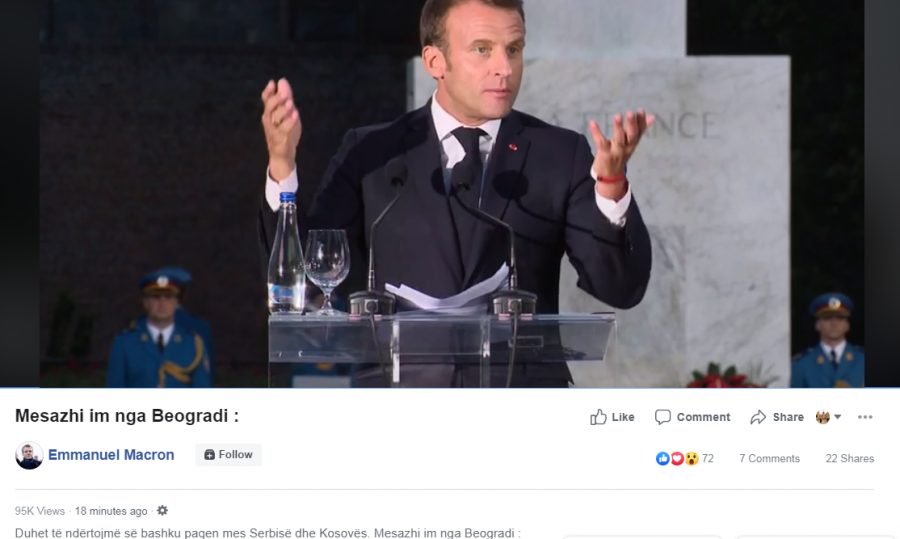 Macron publikon videon e fjalimit në Beograd me mbishkrim shqip