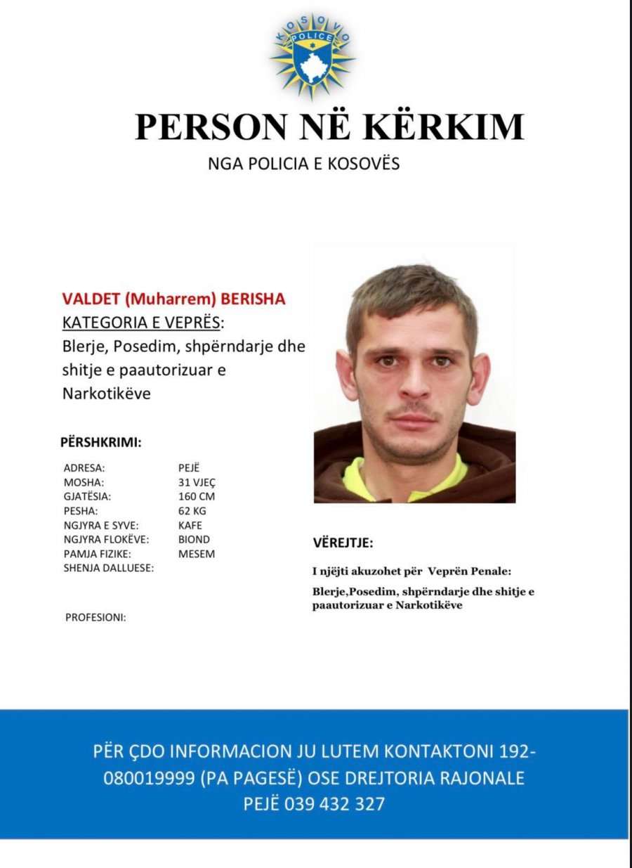 Policia kërkon bashkëpunim për kapjen e të akuzuarit për shitje të narkotikëve