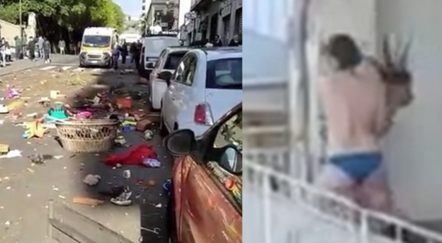 Panik në Katania, gruaja del nudo dhe hedh gjithçka nga ballkoni i saj