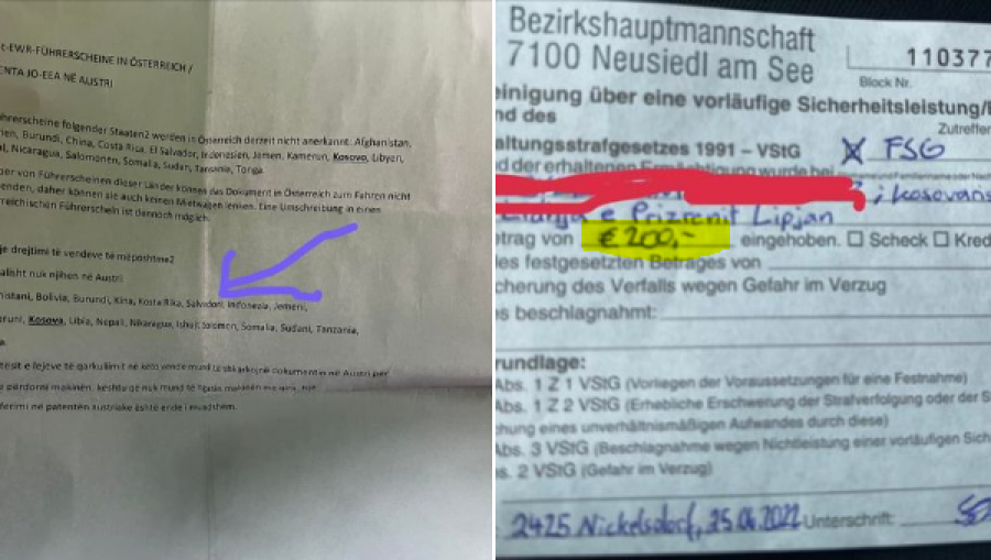 Kosovari gjobitet me 200 euro në Austri, nuk i njihet patent shoferi i Kosovës
