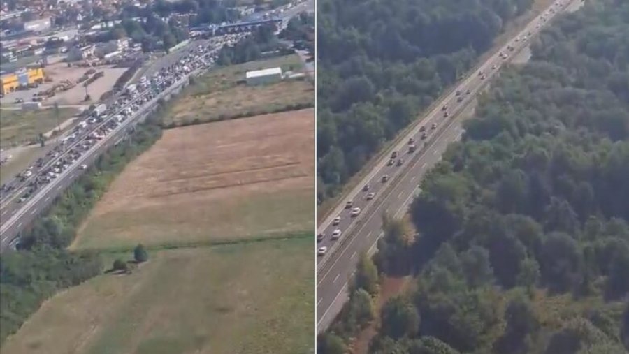 Kolona kilometërshe në autostrada, pamjet ajrore shfaqin trafikun marramendës në rrugët kroate