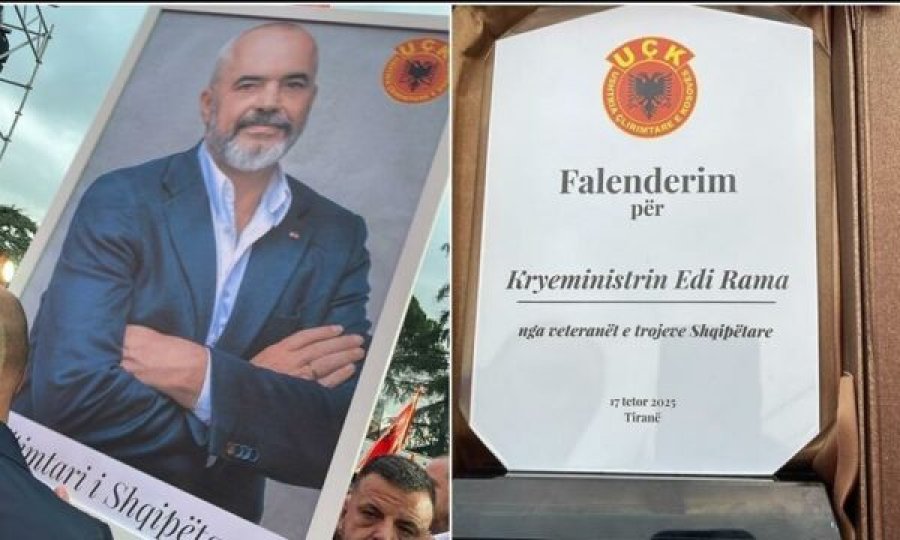 Veteranët e UÇK-së i dhurojnë Edi Ramës portret dhe pllaketë mirënjohjeje për mbështetjen ndaj protestës
