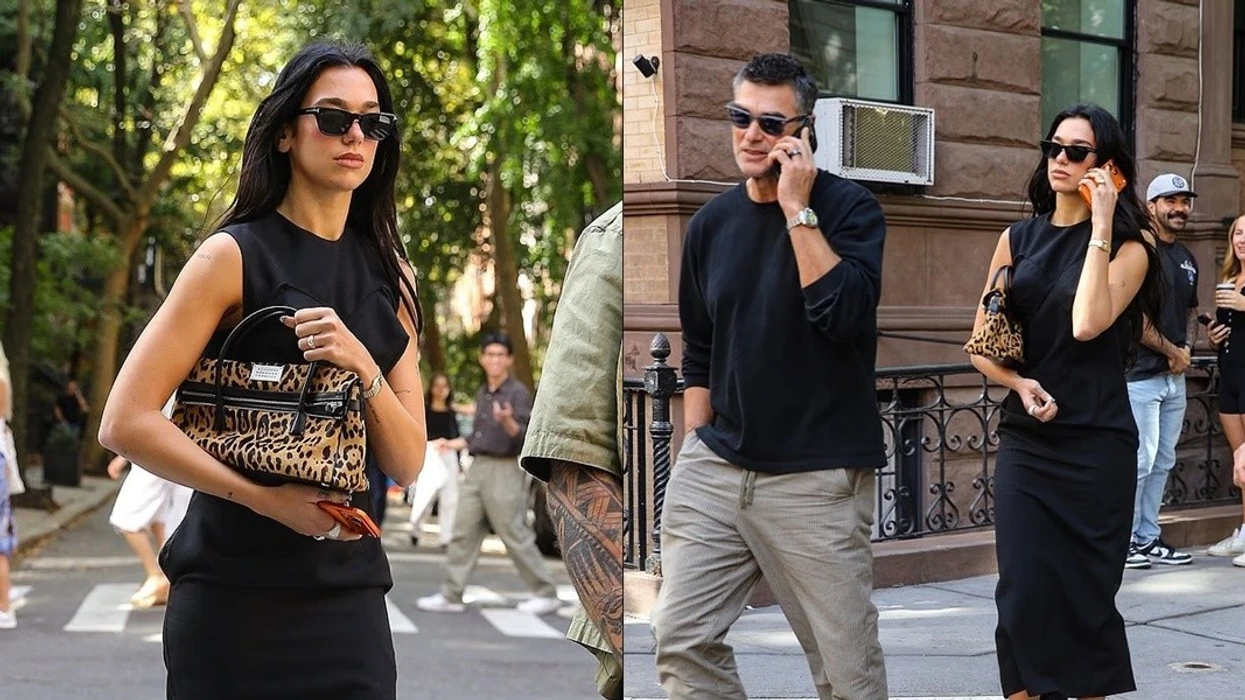 Dua Lipa elegante me fustan të zi, teksa del me të atin në New York