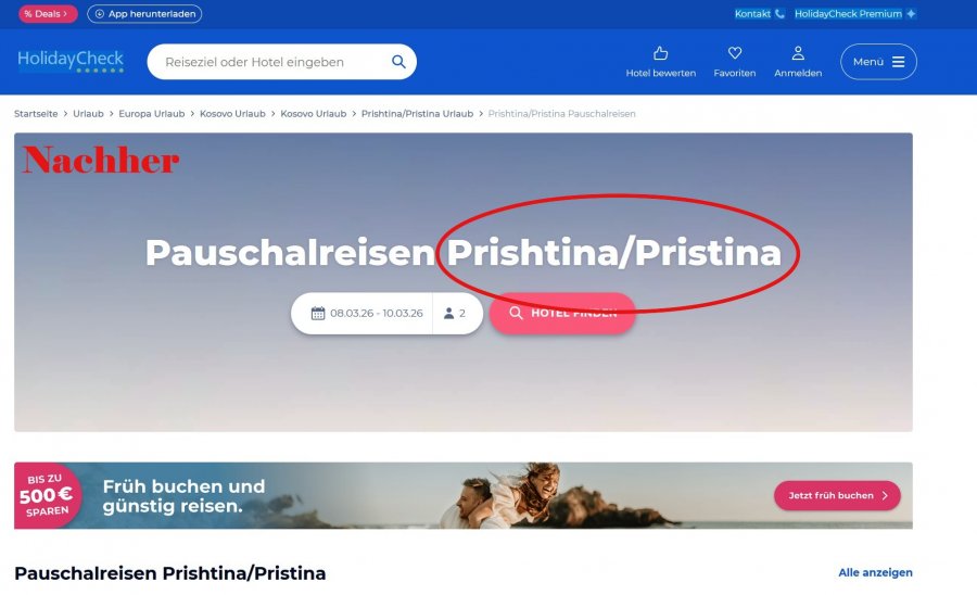 Platformat gjermane të udhëtimeve korrigjojnë emrin e Prishtinës