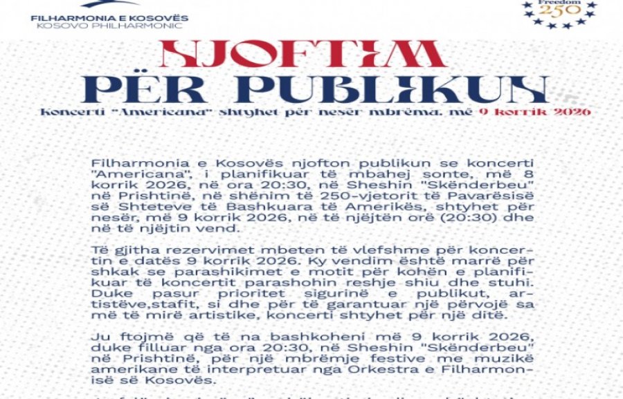 Shtyhet për nesër koncerti  Americana  i Filarmonisë së Kosovës