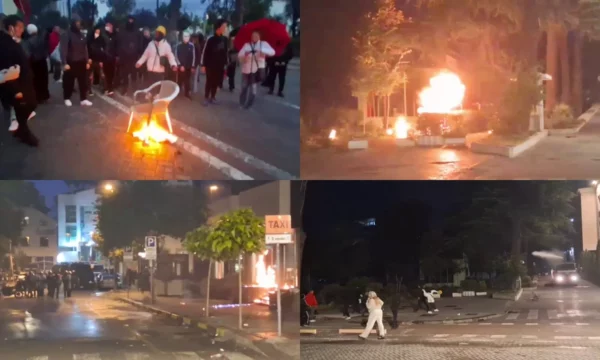 Protestuesit hedhin molotovë, gurë, djegin karrigen para kryeministrisë – policia përgjigjet me ujë